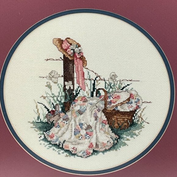 Framed Vintage Cross Stitch Art With Floral Picnic Scene In Wood Frame - Picture 2 of 7